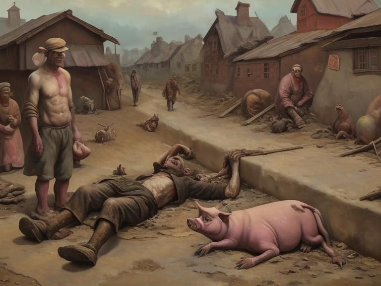 Bleak Village Scene with Grotesque Details