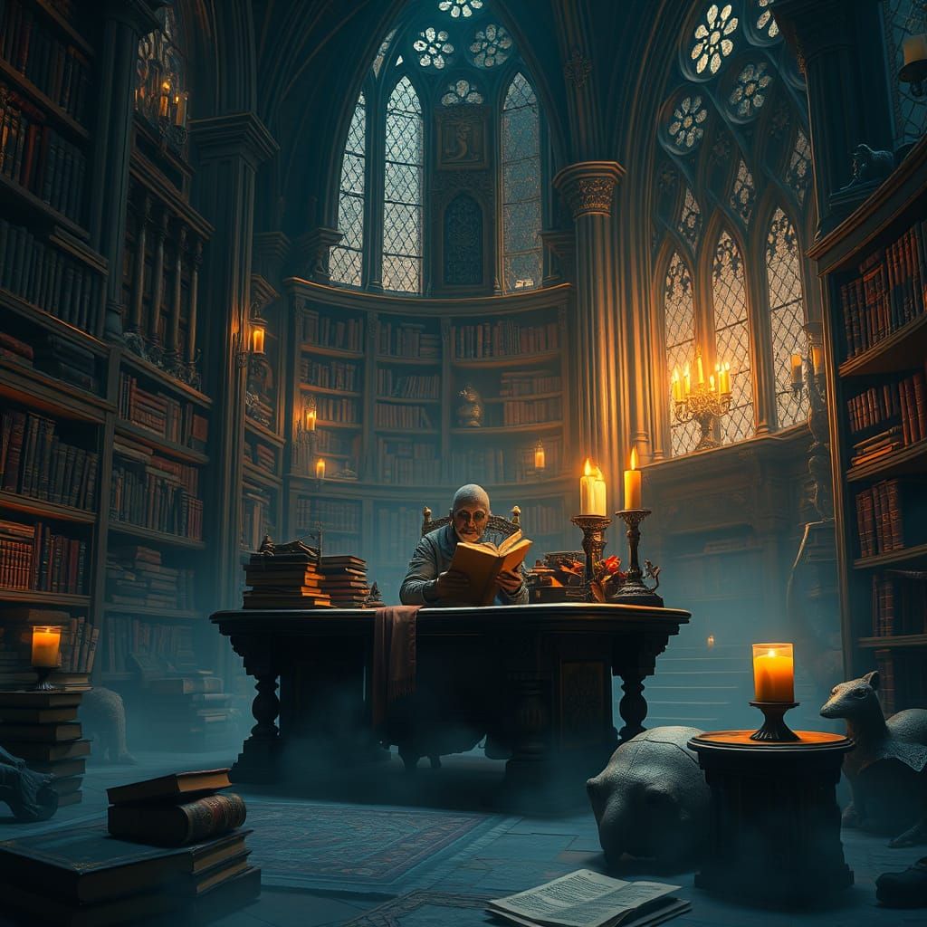 Mystical Bookkeeper in a Gothic Library