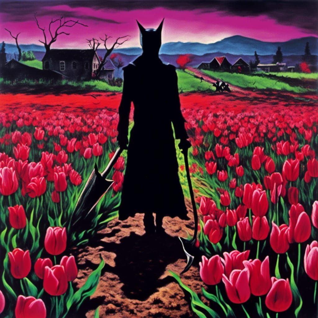 Surreal Horror: Woman Pursued in Tulip Field