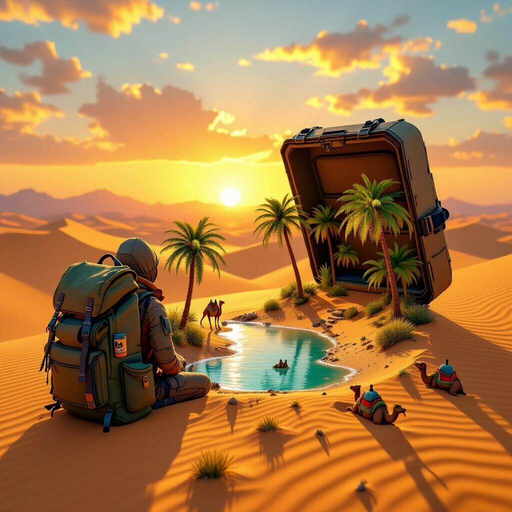 Miniature Desert Oasis Inside Explorer's Backpack