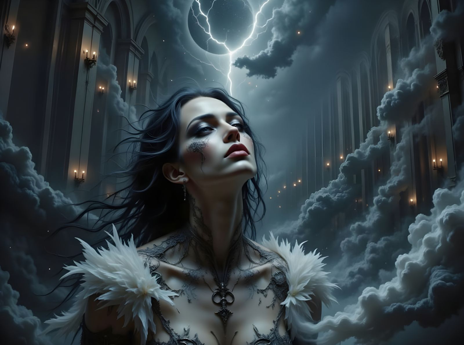 Fallen Angel Sings Sorrowful Melody in Ethereal Concert Hall