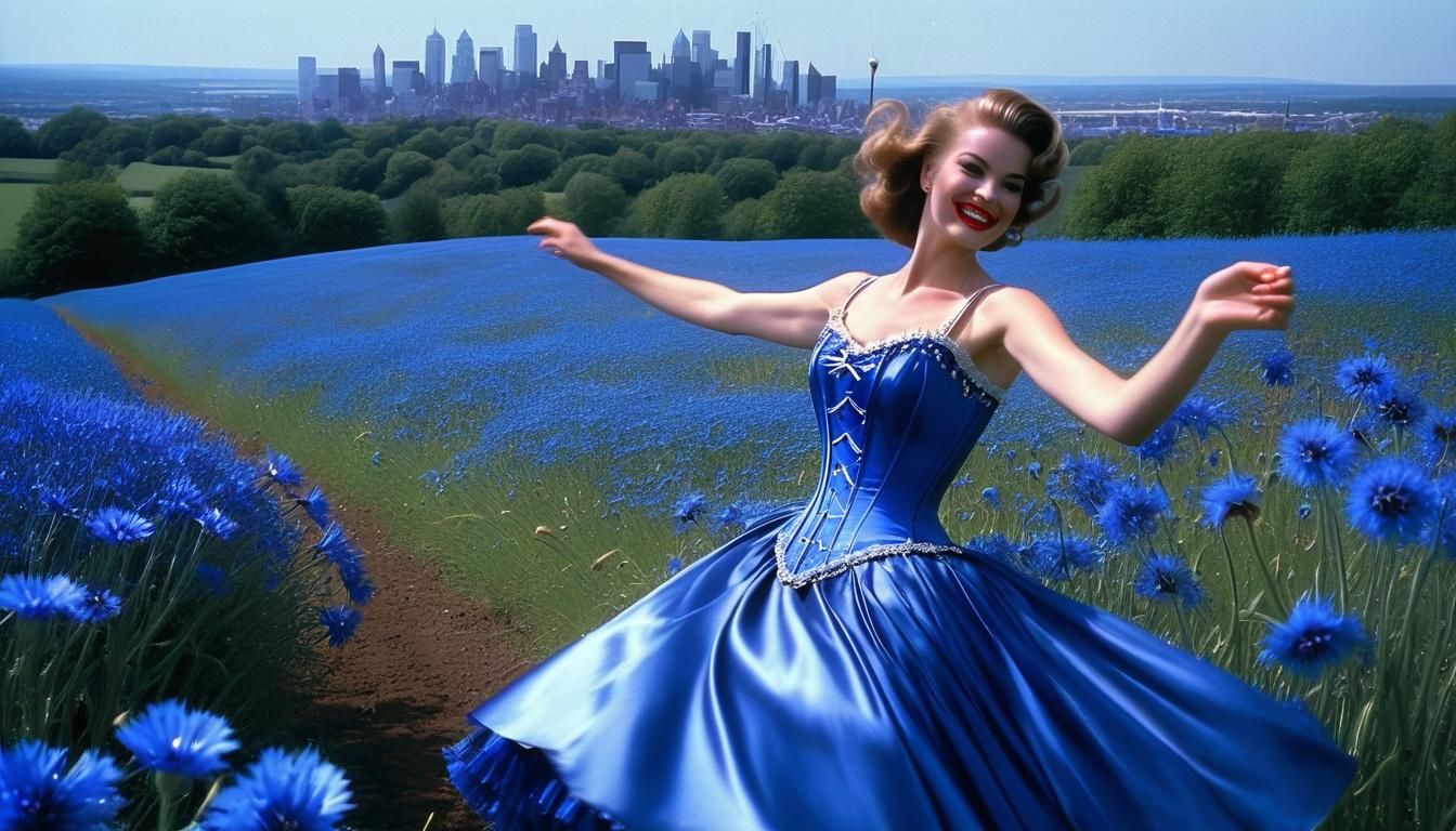 Vintage Corset Girl Dances in Cornflower Field