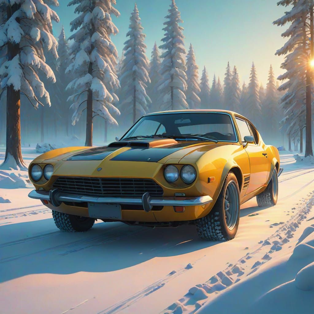 Dramatic Car Scene in Vibrant Winter Wonderland