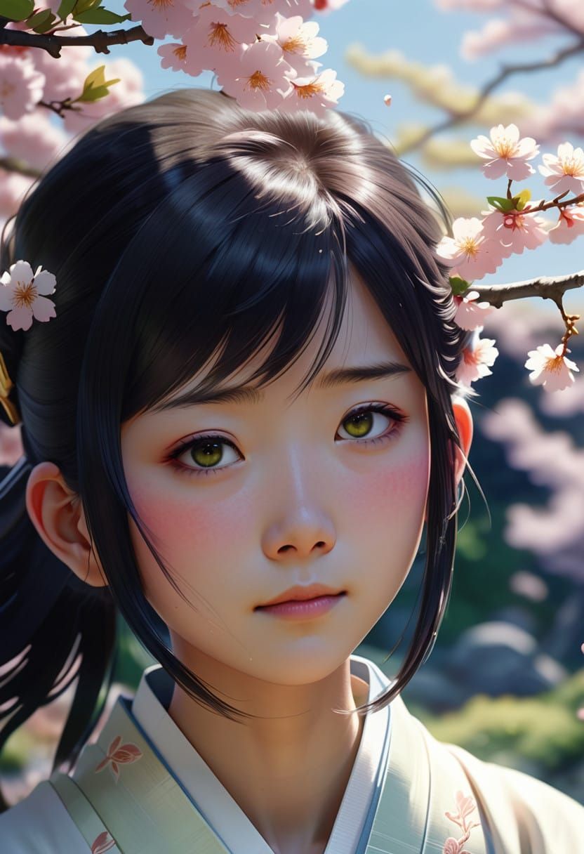Anime-Inspired Portrait of a Young Woman in Lush Cherry Blos...