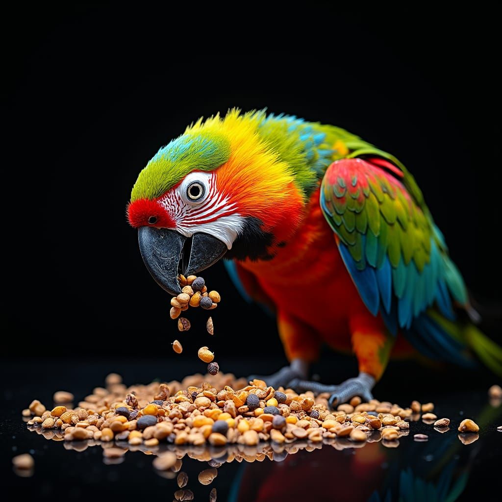 Vibrant Parrot Consuming Birdseed on Black Background
