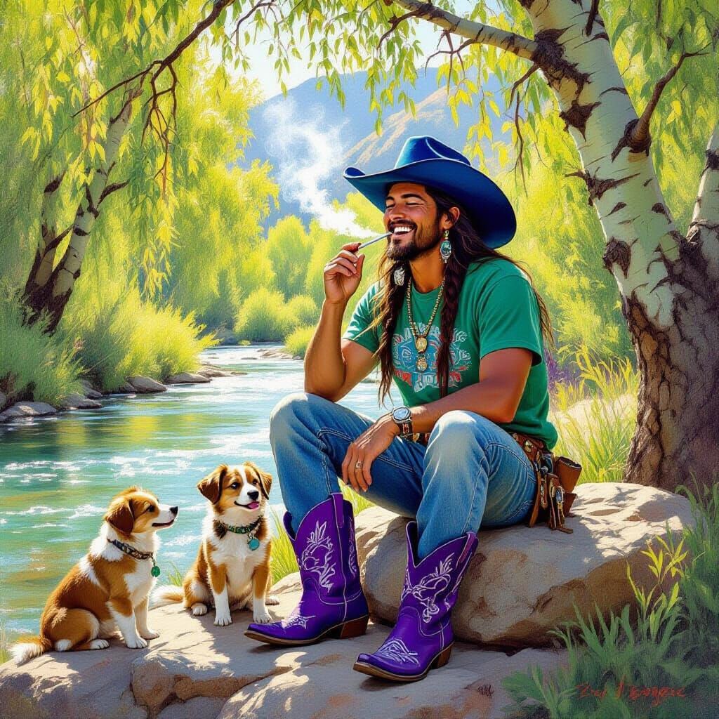 Shaman in Velvet Hat by River, Americana Style