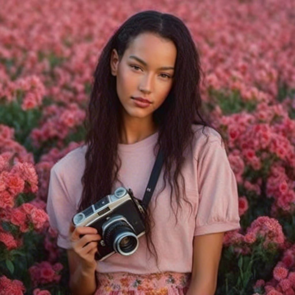 Woman with 80s Haircut in Flower Field