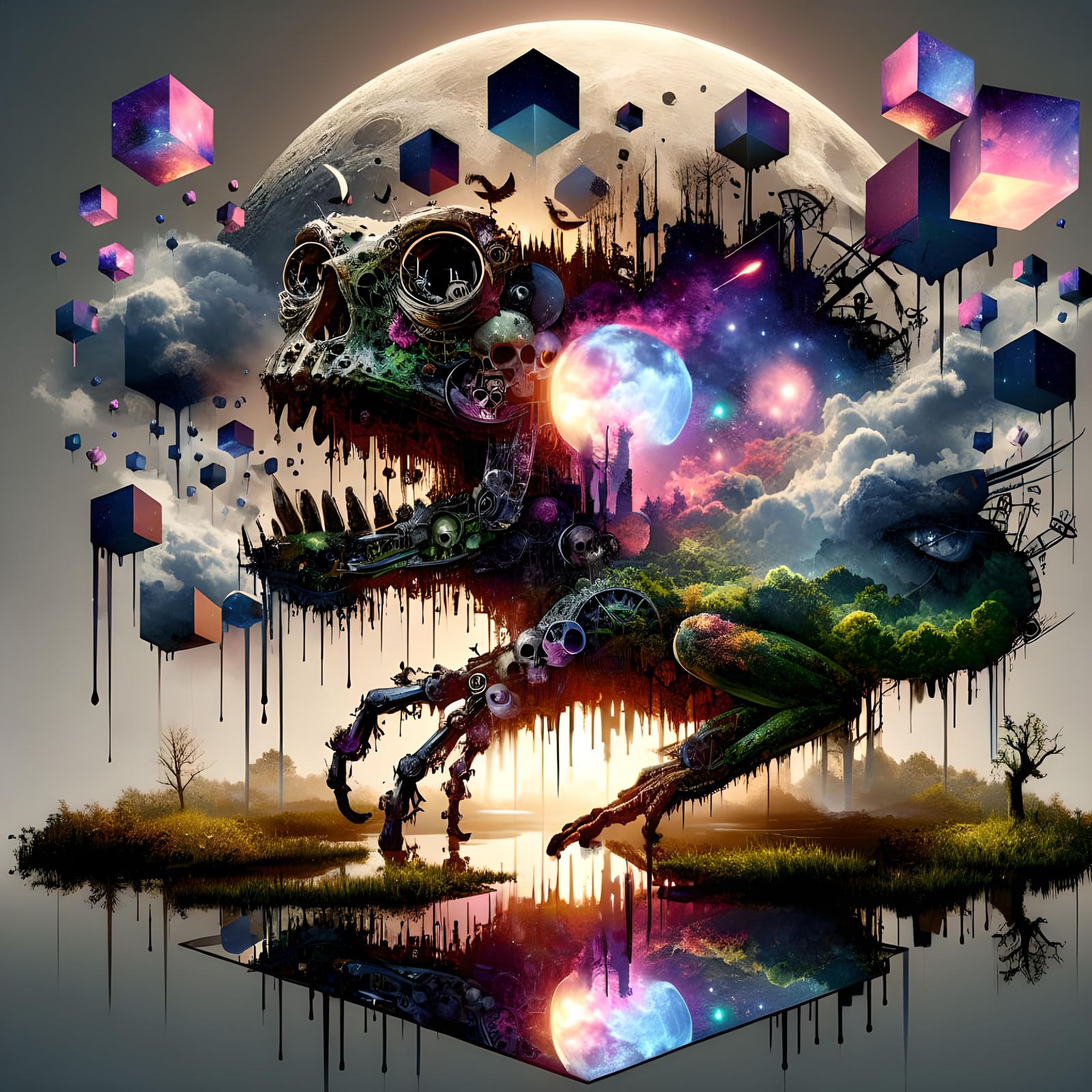 Steampunk Frog Explosion in Holographic Shadow