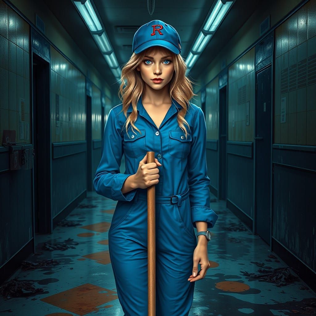 Blond Woman in Gritty School Corridor