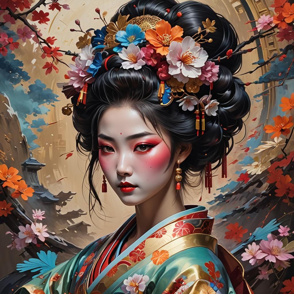Ornate Geisha Portrait as Oil Painting