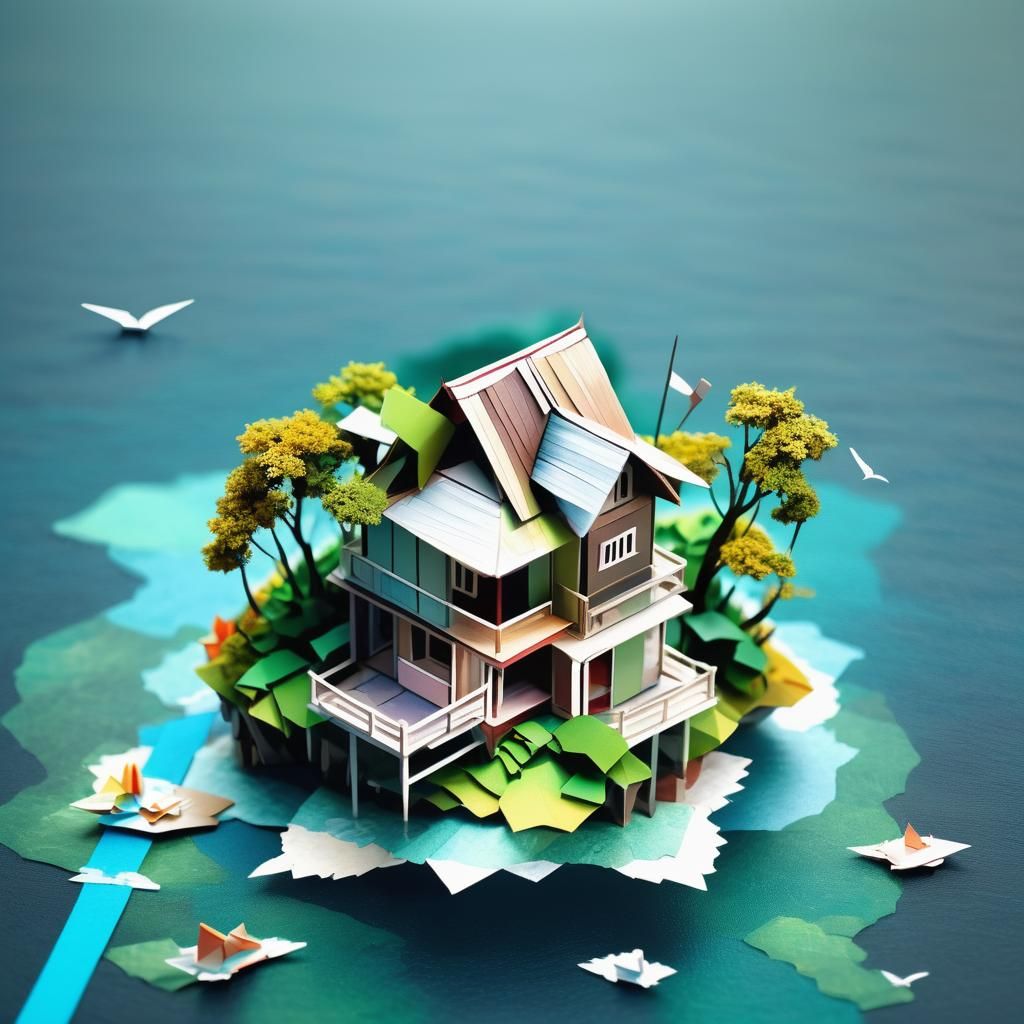 Origami Papercraft House on Tiny Ocean Island