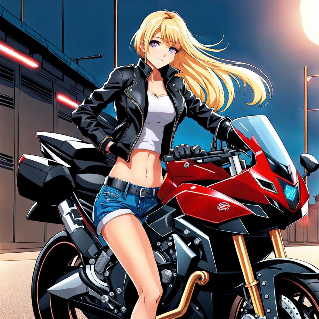 Anime Girl on Sports Bike in Leather Jacket