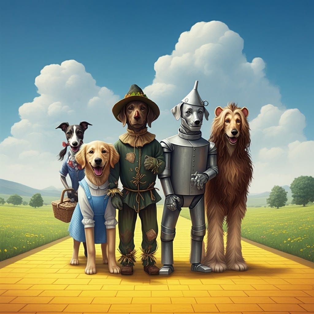 Canine Friends Gather on Yellow Brick Road in Whimsical Wiza...