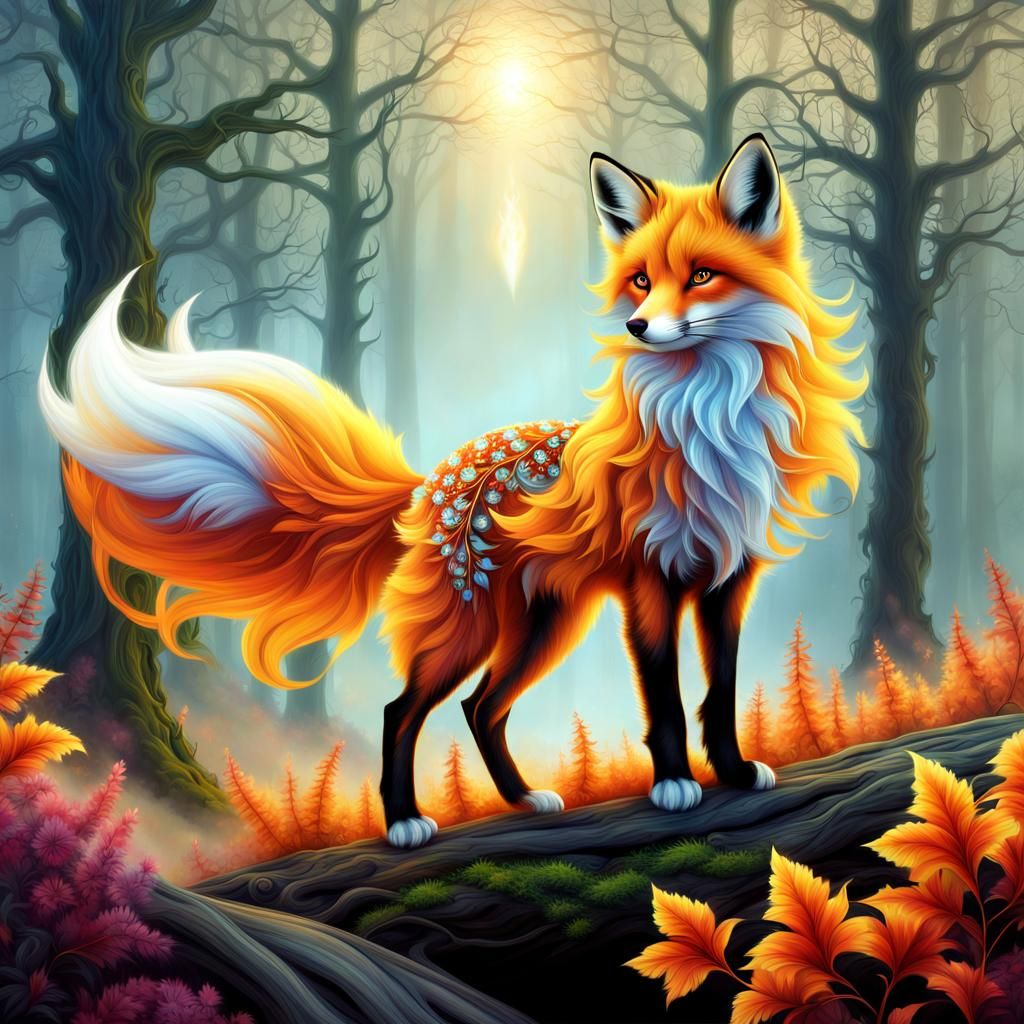 Flaming Fluffy Fox in a Fantasy Forest