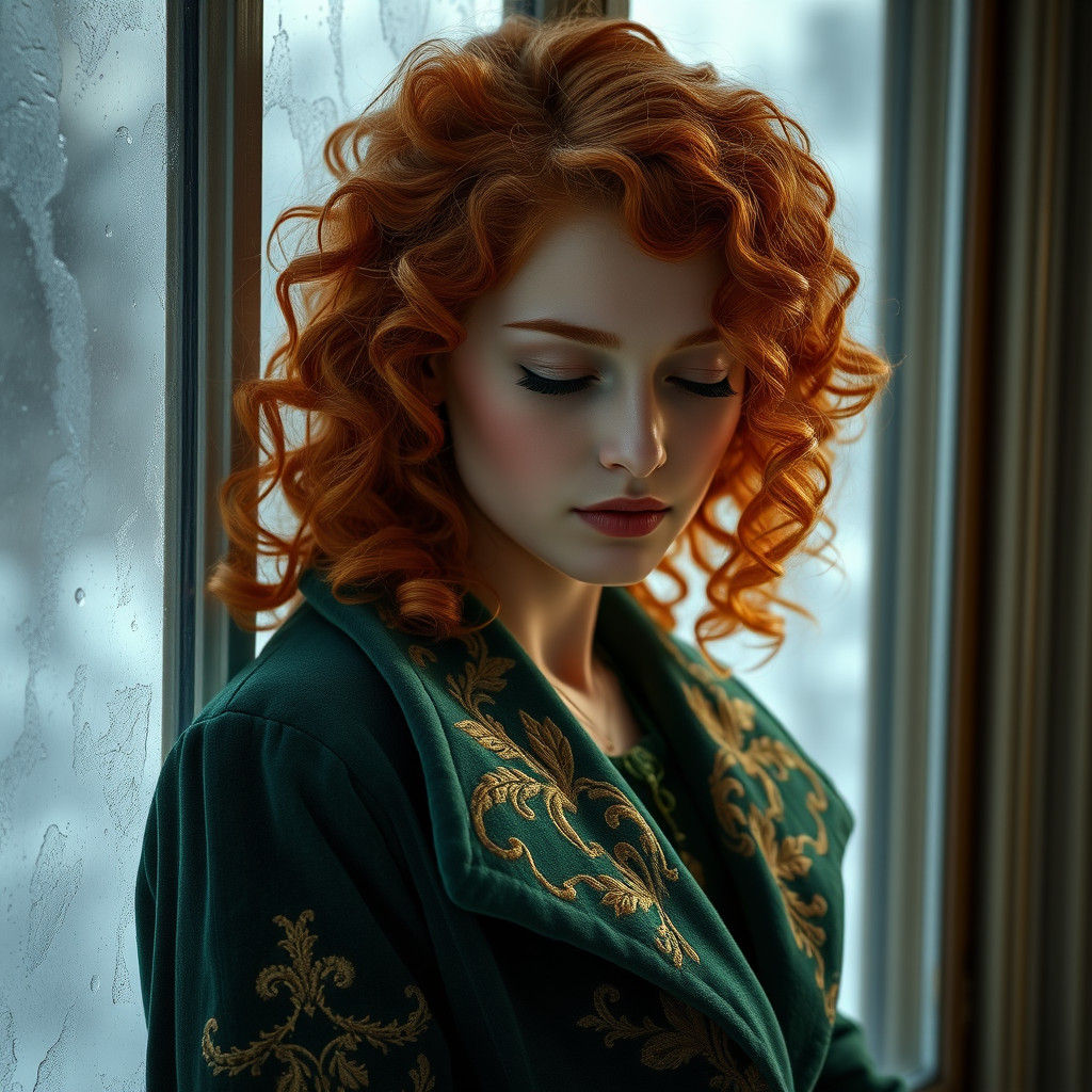 Red-Haired Woman in Winter, Hyper-Realistic Portrait