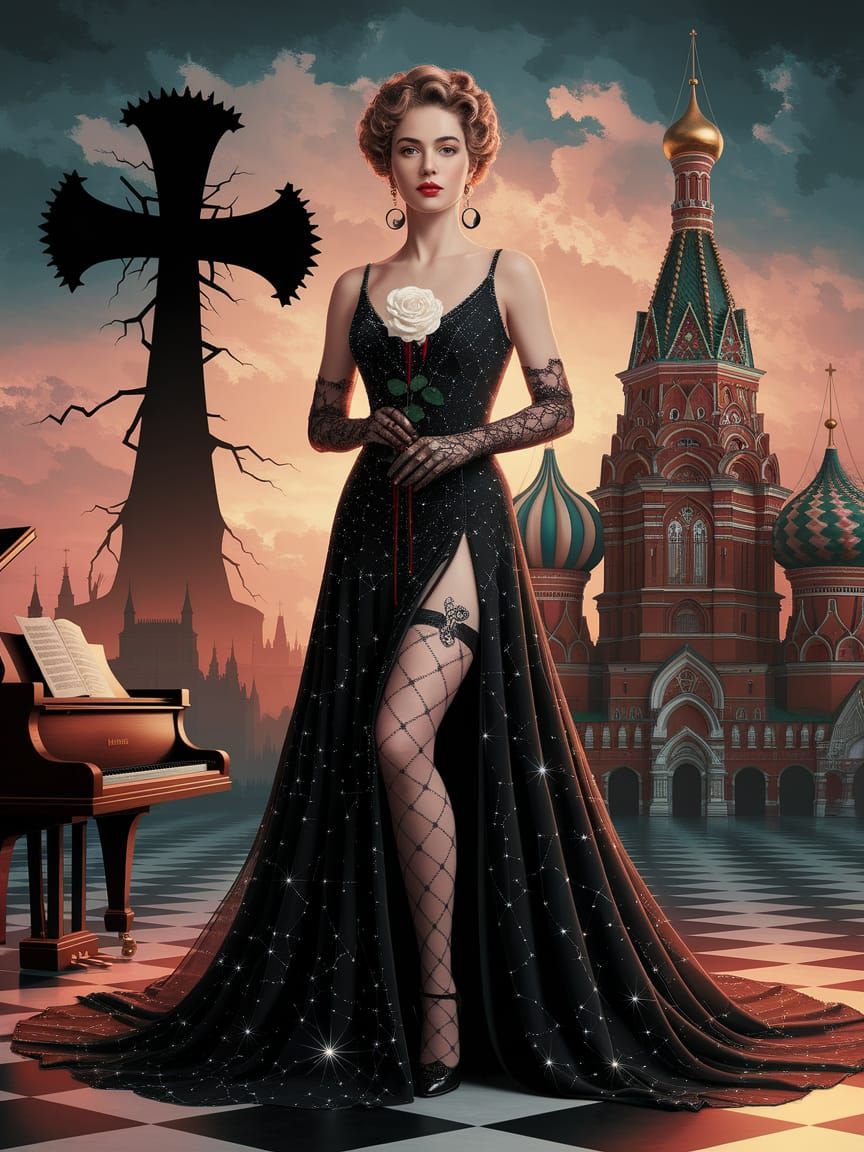 Surreal Portrait with Flowing Gown and Rose