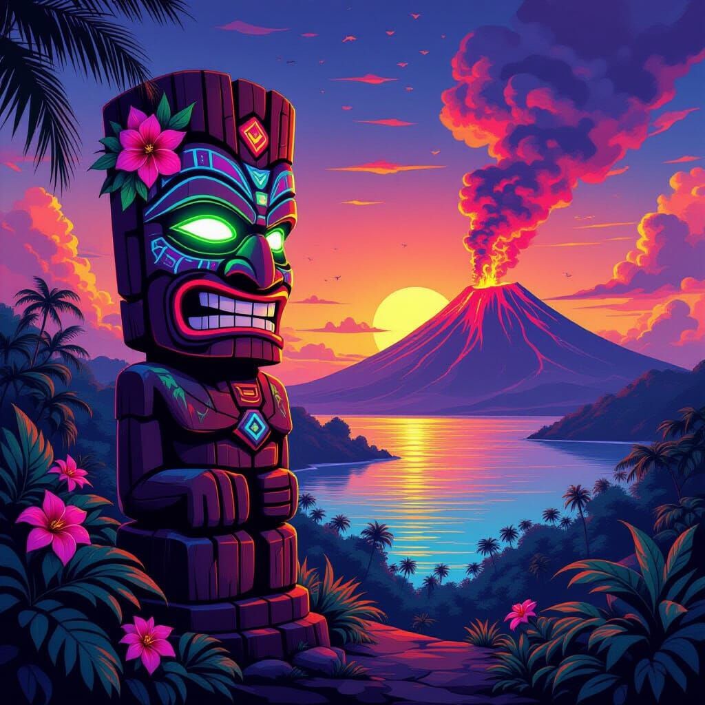 Vibrant Tiki Totem in Retro-Futuristic Sunset