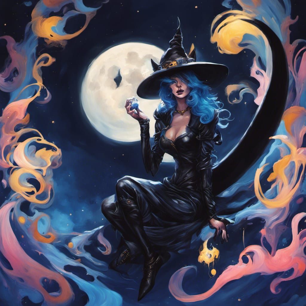 Night Witch on Crescent Moon with Black Cat