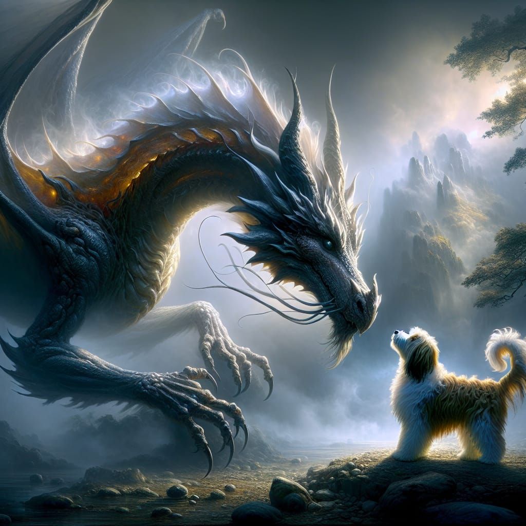 Dragon and Puppy: A Gentle Giant in Ethereal Light