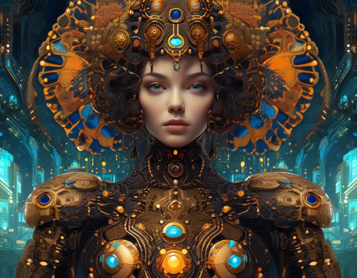 Sci-Fi Woman and Child, Klimt-Inspired Digital Art