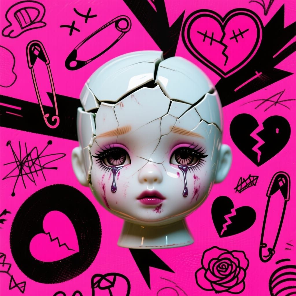 Cracked Porcelain Doll in Punk Zine Style