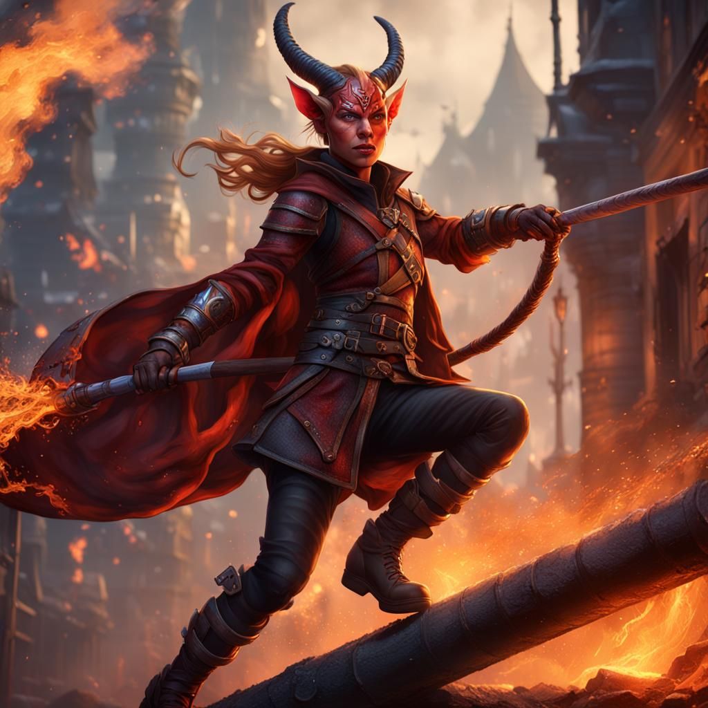 Tiefling Slides Down Fireman's Pole in Fantasy Art