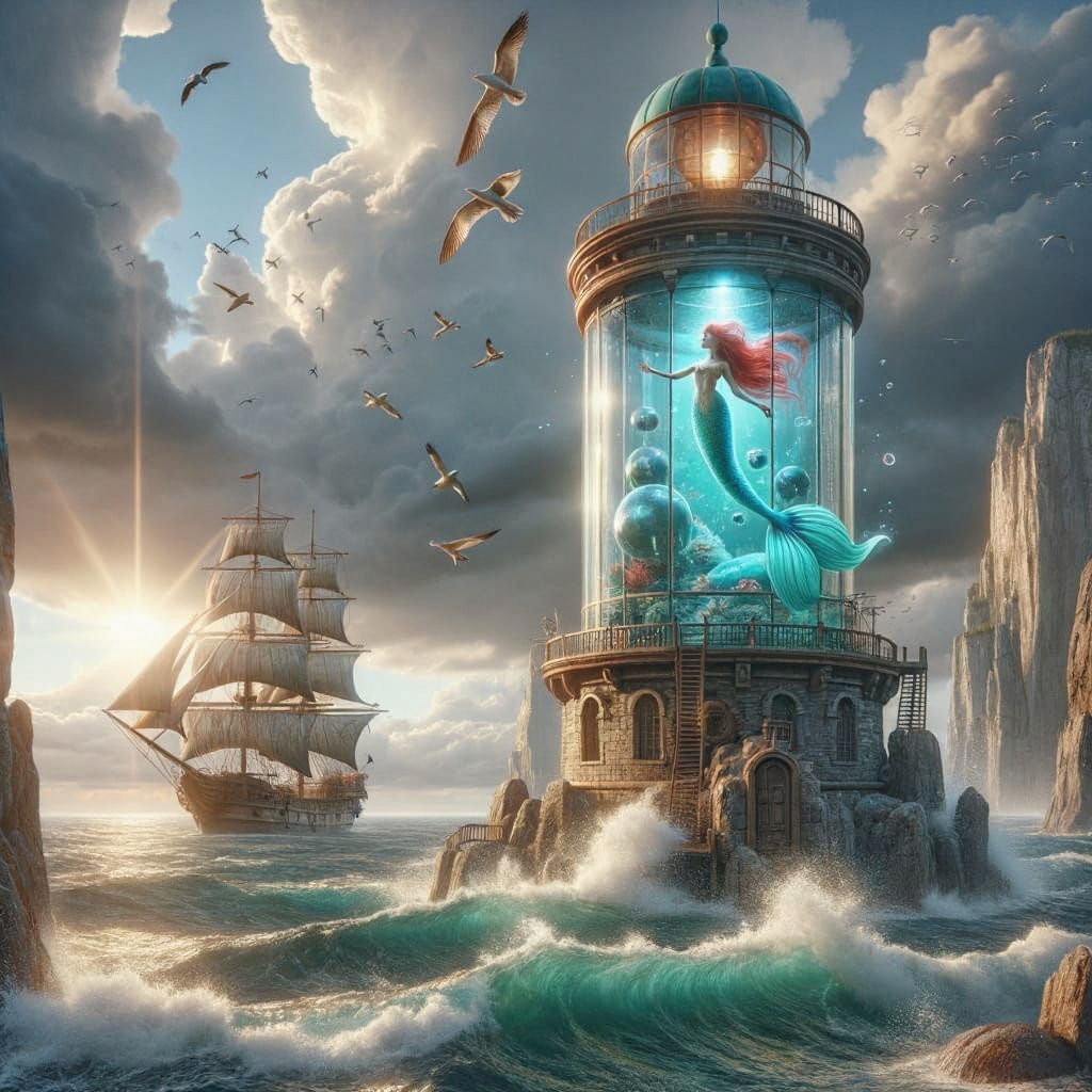 Fantasy Lighthouse with Mermaid in Glass Chamber