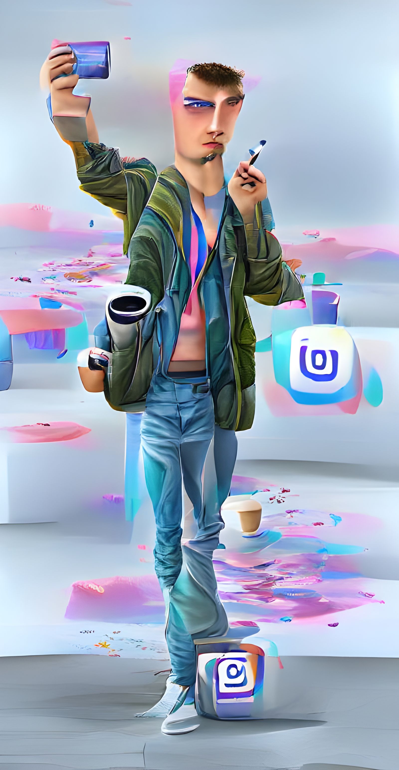 Annoying Gen-Z Influencer Rolls Eyes in Vaporwave Style