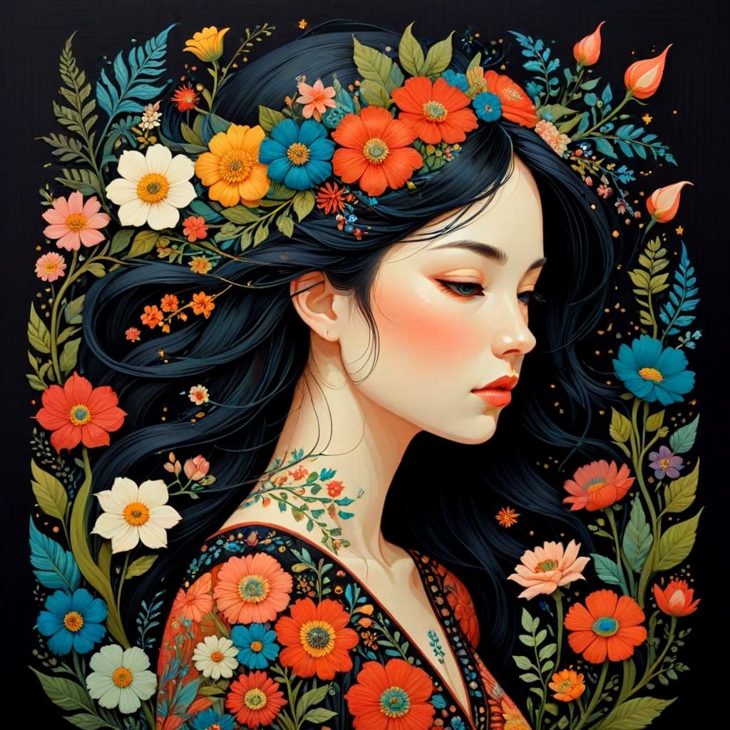 Anime-Inspired Needlepoint Portrait with Vibrant Flowers