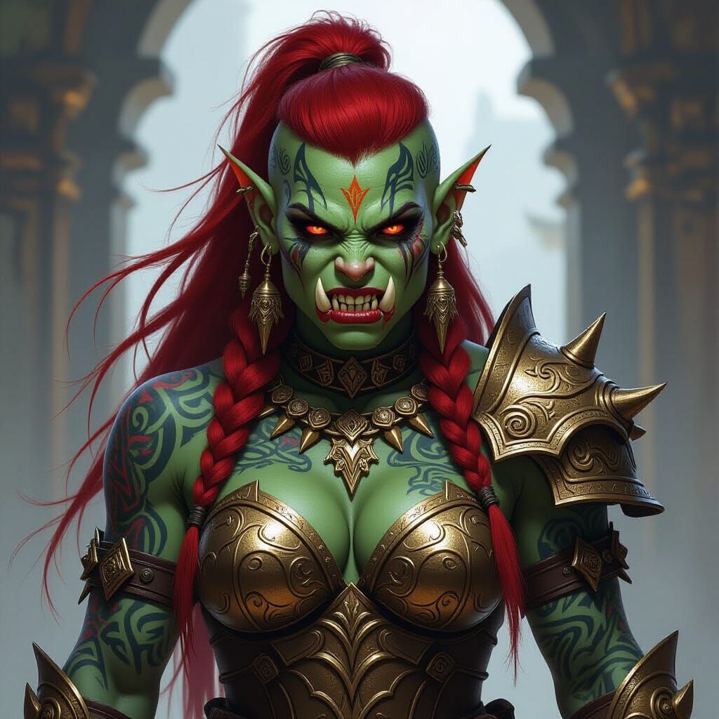 Fierce Orc Barbarian with Gold Armor and Red Hair