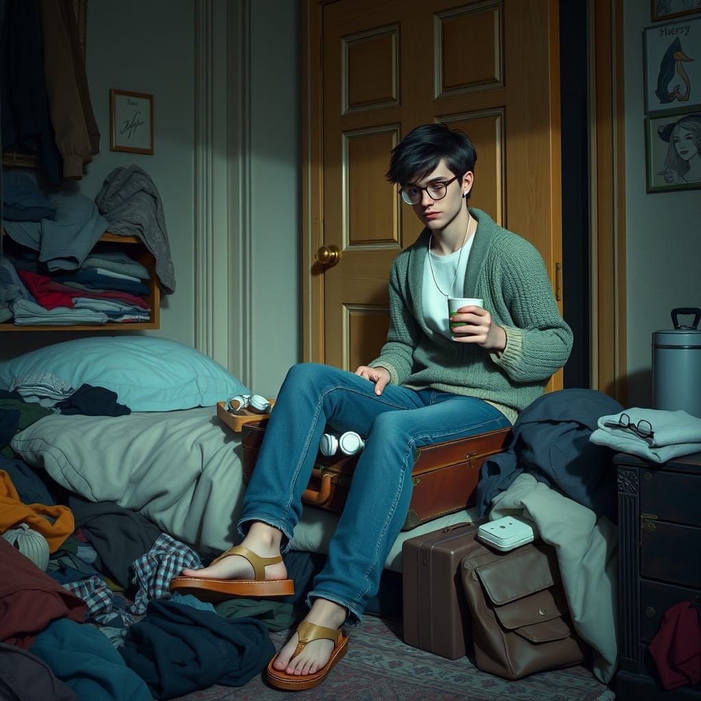 Cozy Scene: Girl Unpacks Suitcase, Boy Brings Coffee