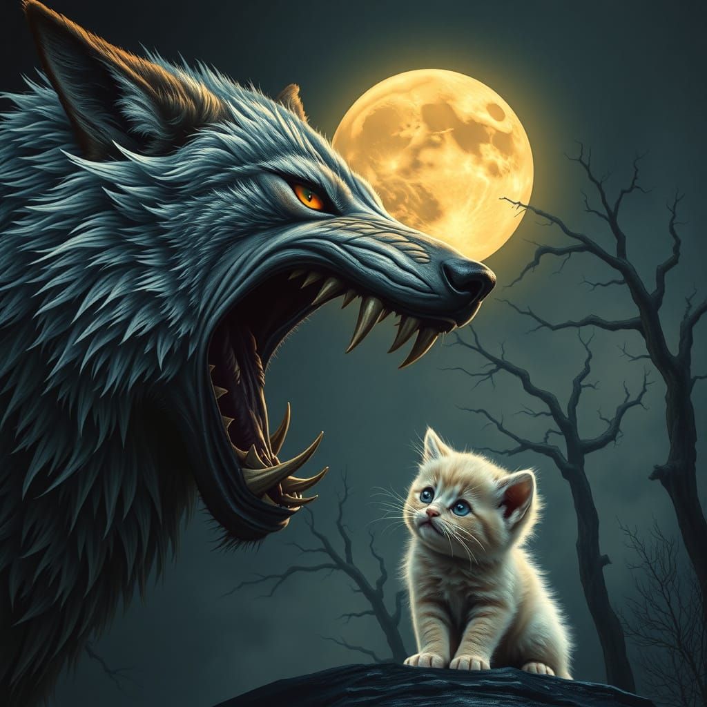 Wolf's Menacing Gaze on Frightened Kitten, Set Against Dark ...