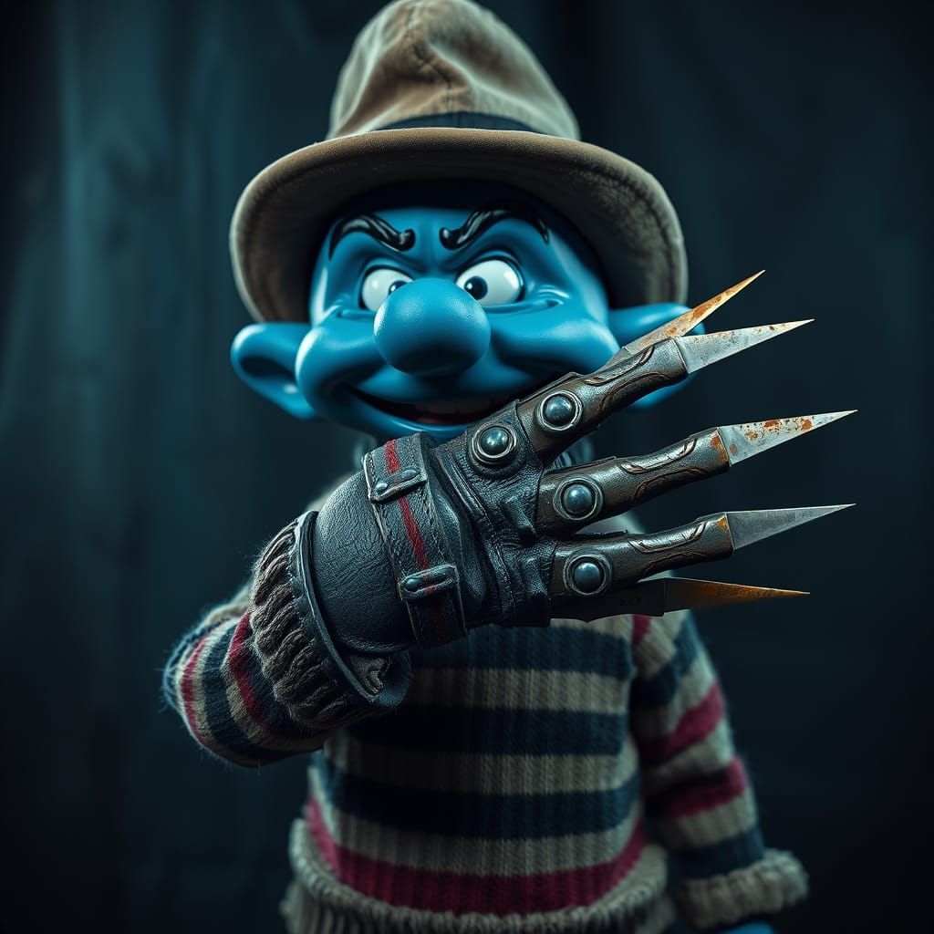 Smurf in Freddy Krueger's Haunting Attire