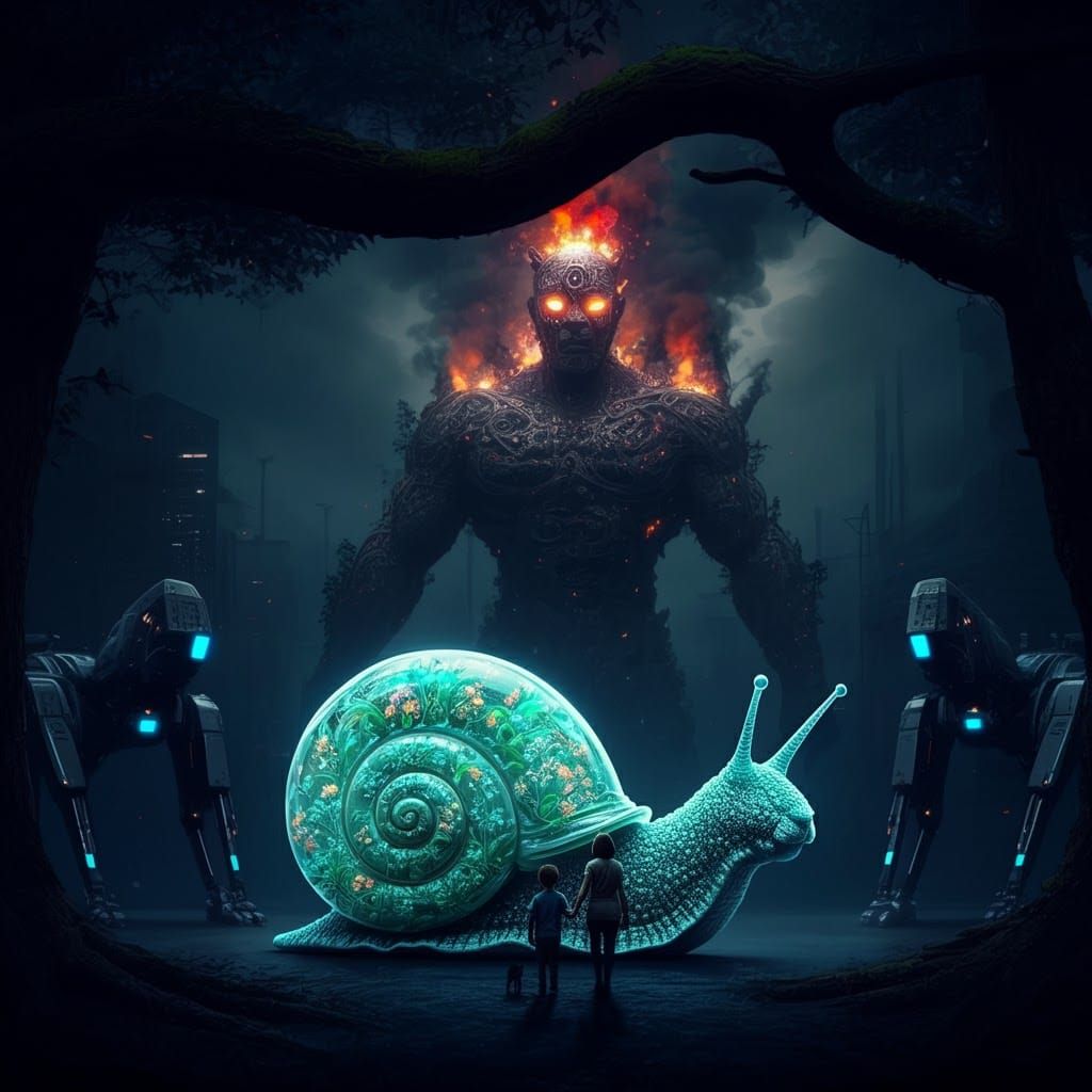 Bioluminescent Crystal Snail Shell in Dark Forest