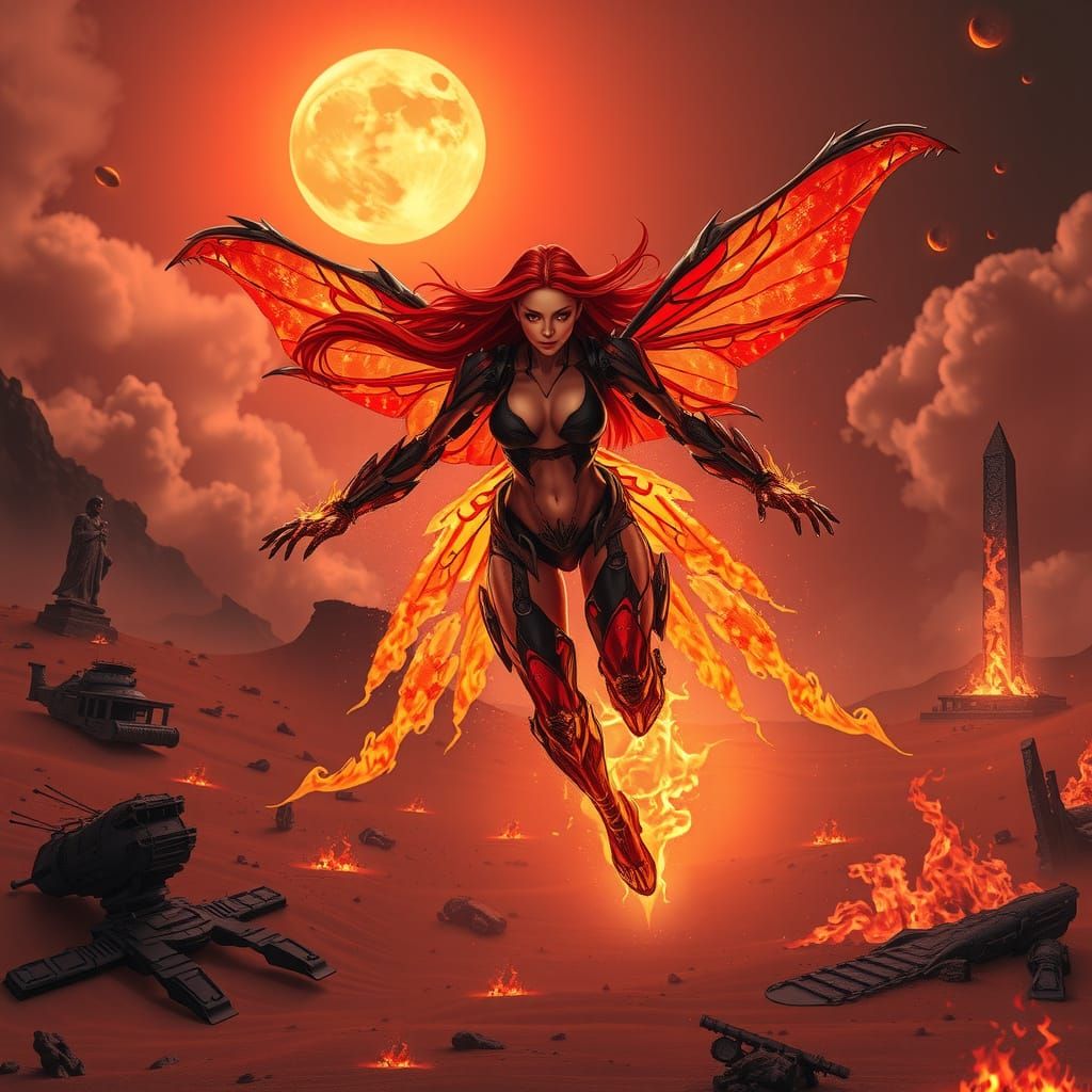 Fairy-Android Supervillain in Flight as Digital Art