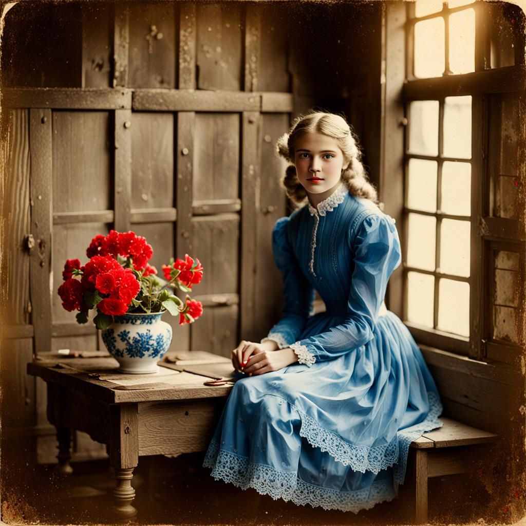 Teenage Girl in Blue Dress, Early 1900s Photograph