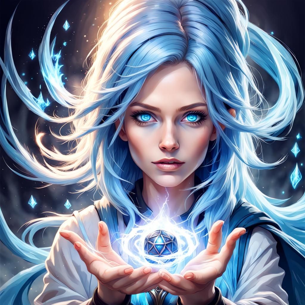 Female Mage Casting Magic Spell with Blue Eyes