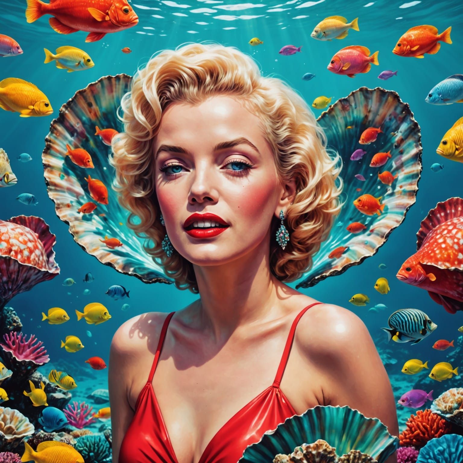 Marilyn Monroe in Vibrant Underwater Oyster Shell