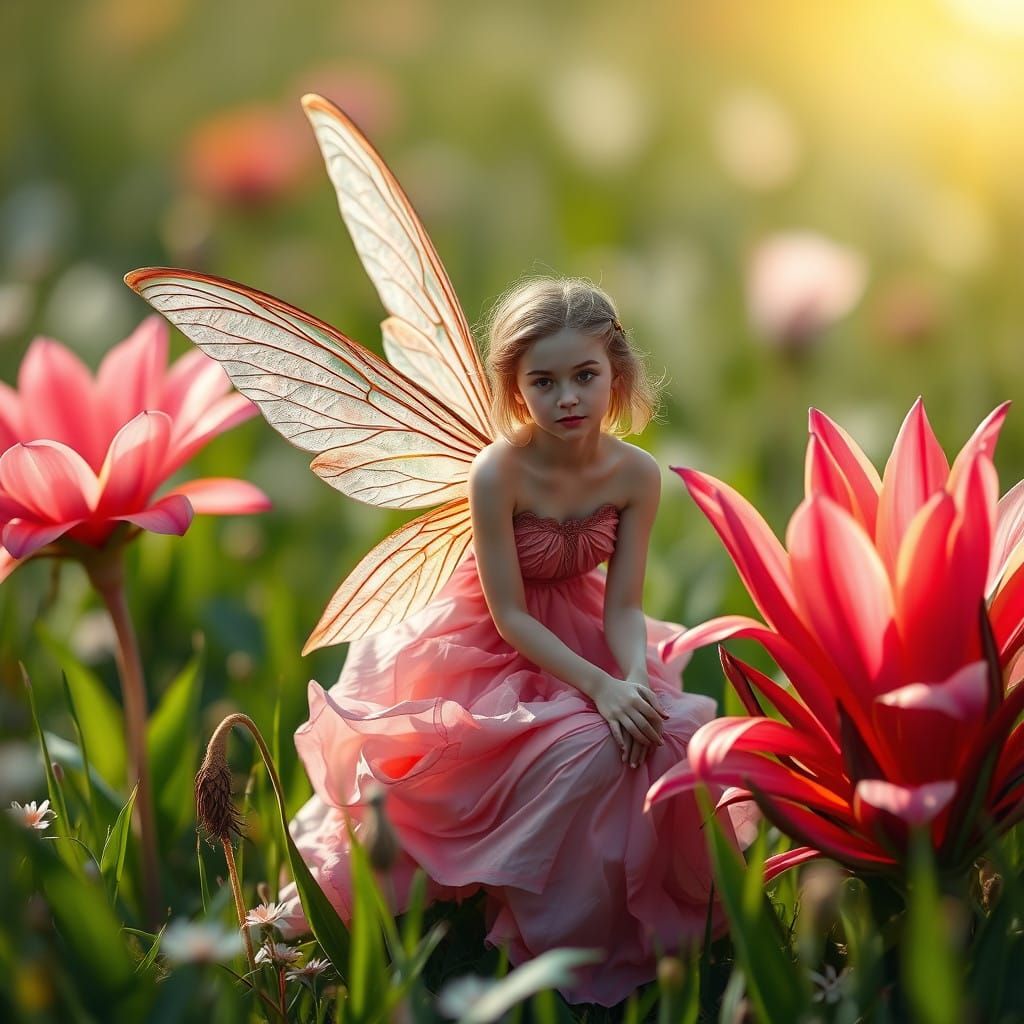 Ethereal Fairy Amidst Blooming Flowers in Hyper-Realistic St...