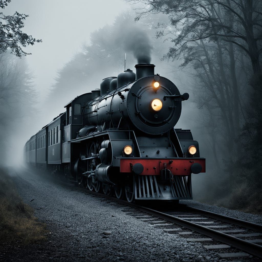 Vintage Train Emerges from Misty Tunnel in Film Noir