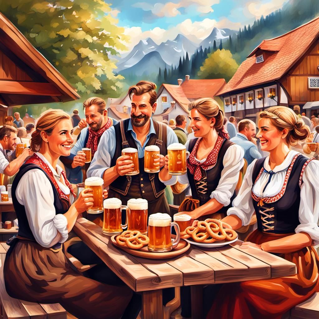 Bavarian Beer Garden Scene with Traditional Clothing