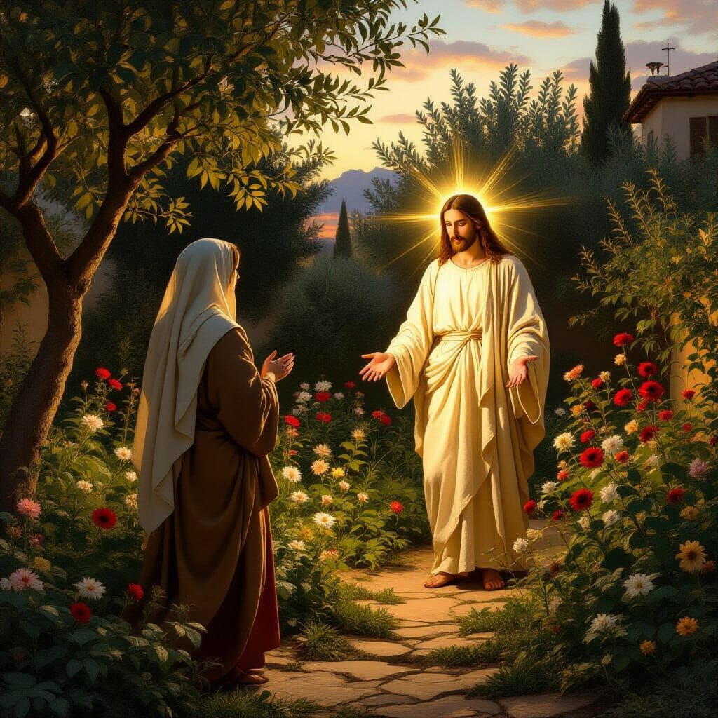 Mary's Awe: Resurrected Christ in Garden Dawn