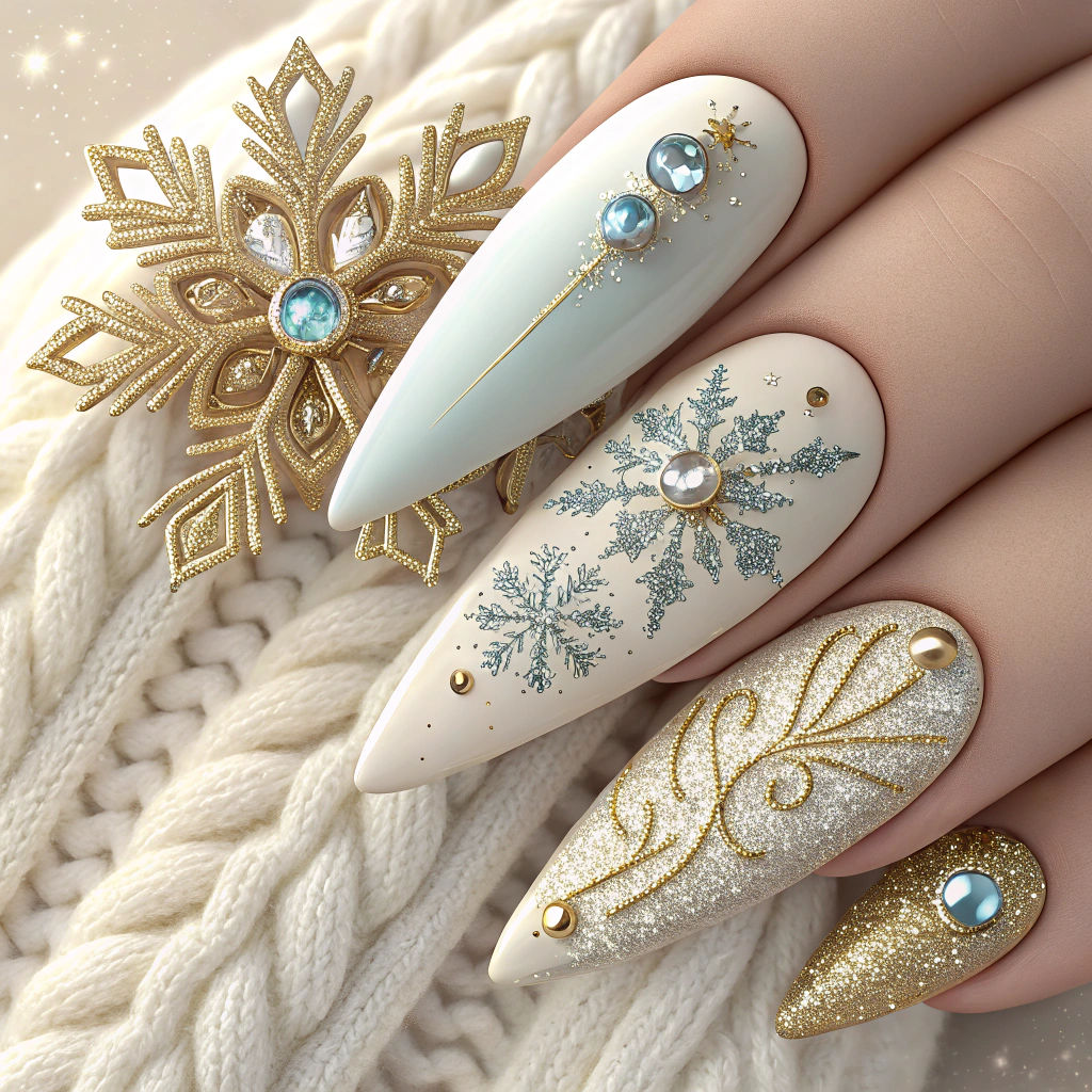 Winter Wonderland Stiletto Nails with Luxurious Details