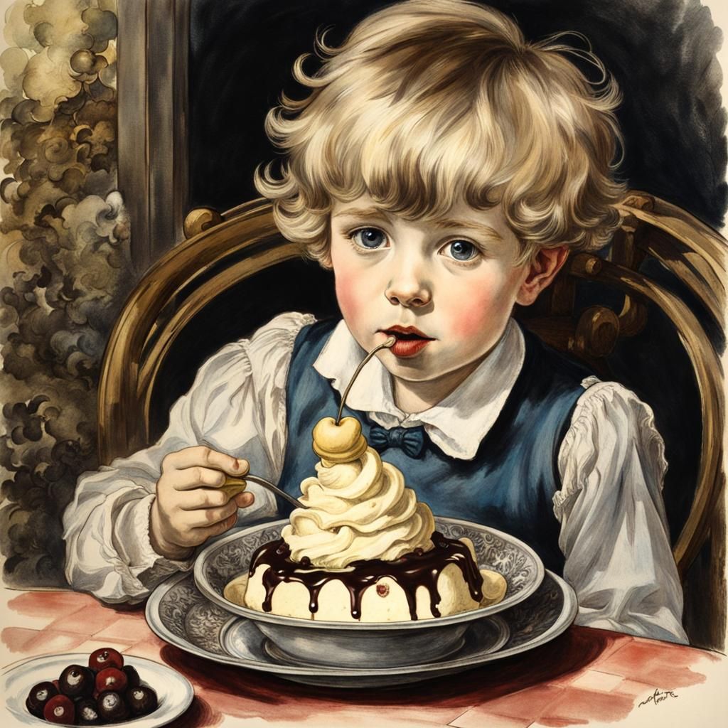 Wide-eyed six year-old boy eating a large dish of ice cream ...
