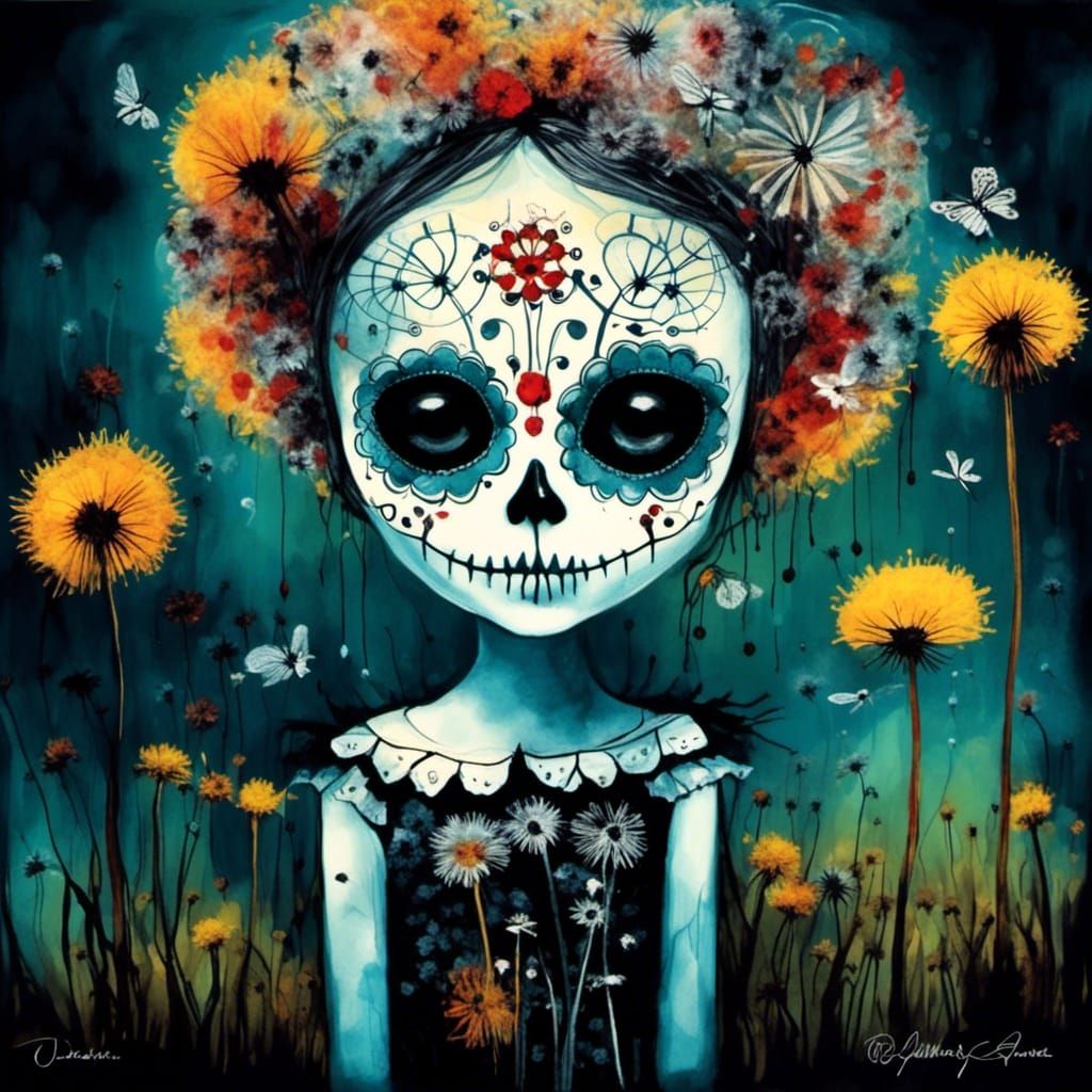 Sugar Skull Catrina in Dandelion Castle, Alcohol Inks