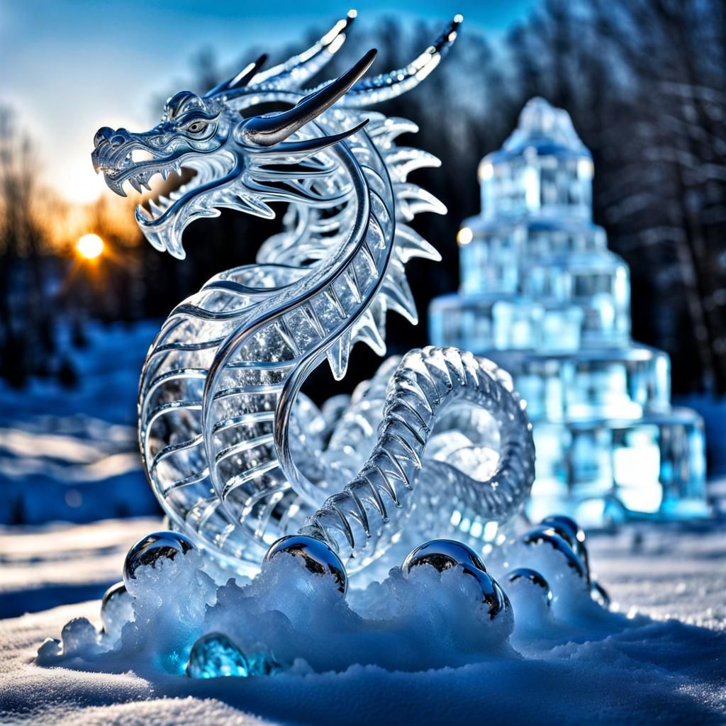 Crystal Ice Dragon Sculpture in Snowy Landscape