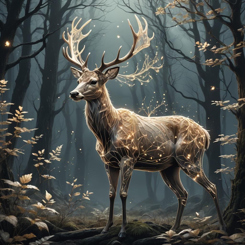 Ethereal Transparent Deer in Dark Forest, Digital Art