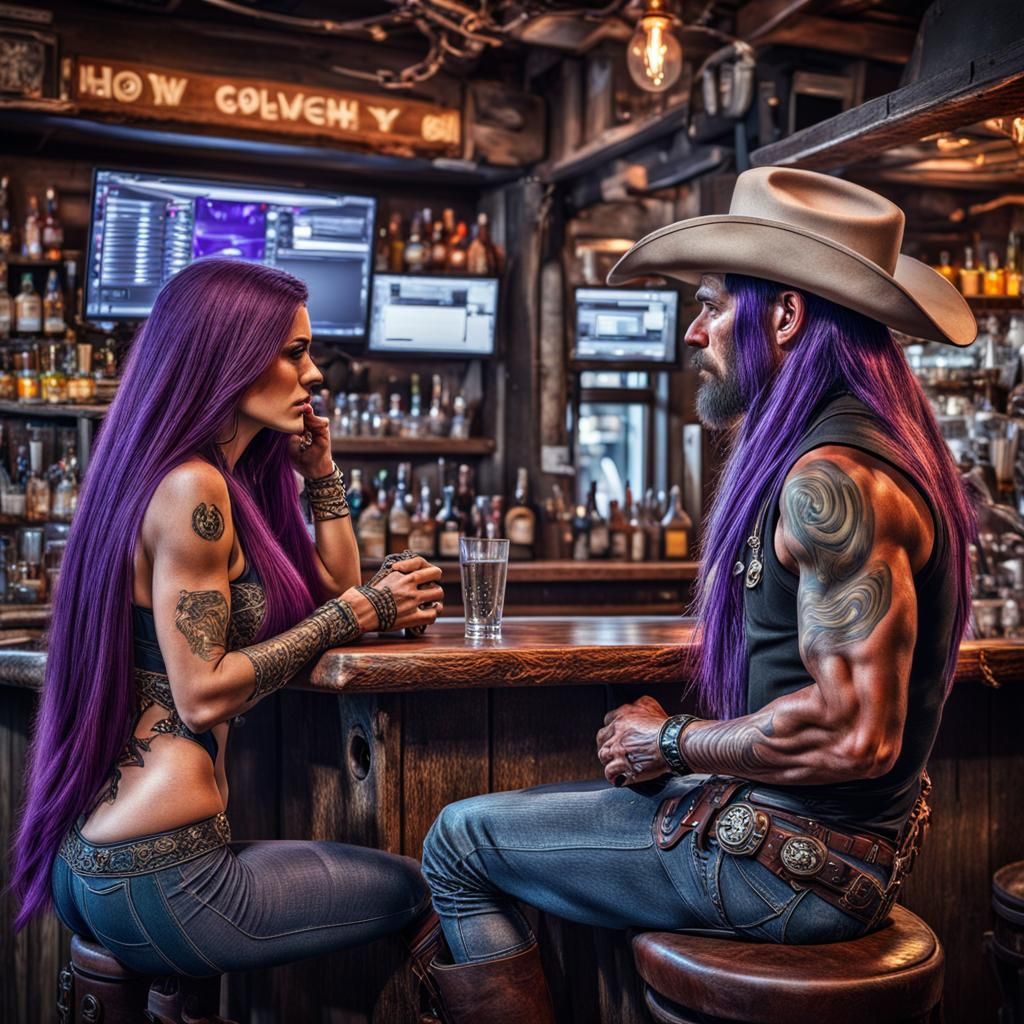 Purple-Haired Woman and Cowboy in Space Bar