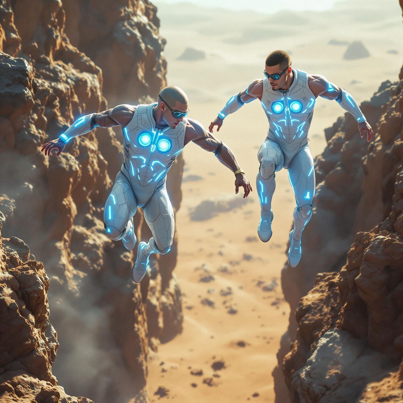Men Leap Over Chasm in Futuristic Bodysuits