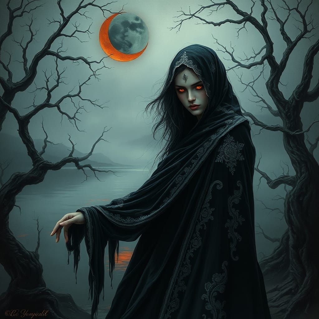 Mystical Woman in Dark Velvet by Mist-Shrouded Lake